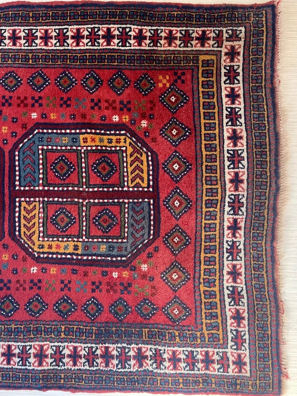 Vintage hand-knotted Afghan tribal rug 195x120 cm – red geometric wool carpet — photograph 7