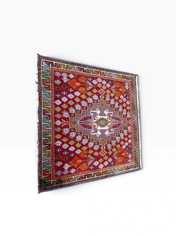 Vintage Hand-Knotted Oriental Wool Rug 65 x 65 cm – Colourful Geometric Medallion — photograph 3