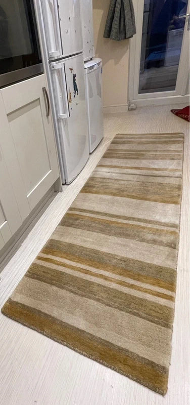 Luxury Hand Knotted Wool Runner Rug 240 × 70 cm | Beige Striped Handmade Wool Rug — photograph 2