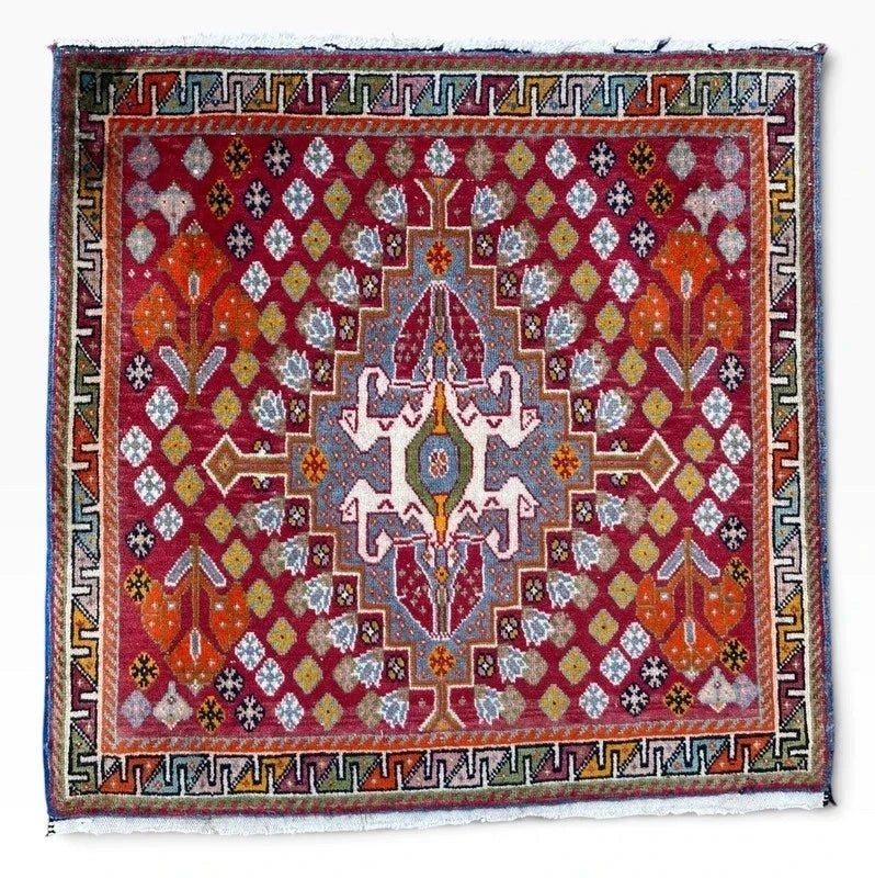 Vintage Hand-Knotted Oriental Wool Rug 65 x 65 cm – Colourful Geometric Medallion — photograph 12