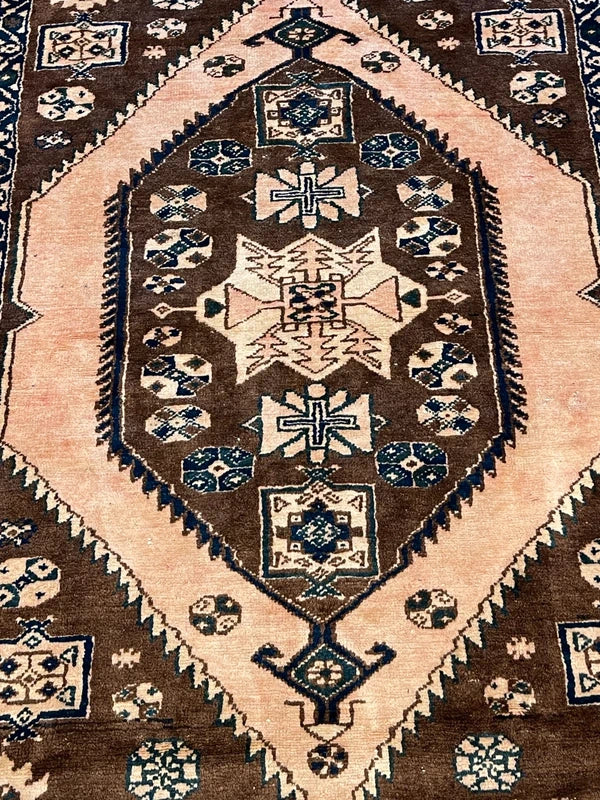 Vintage tribal Kazak-style rug – 200 x 144 cm – brown/ivory & navy — photograph 3