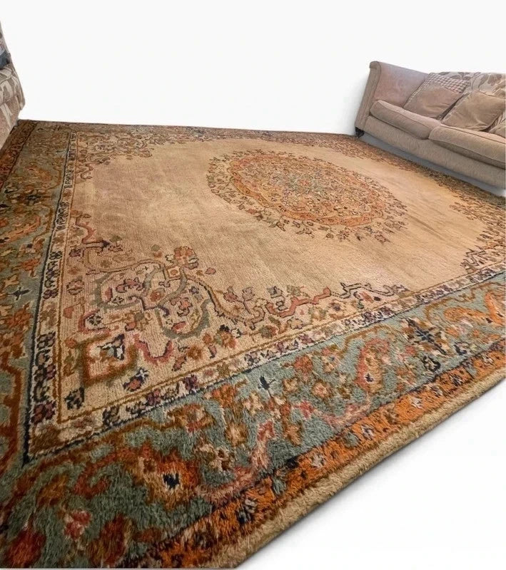 Large vintage Hand Knotted Wool Rug 293 x 246 cm – Traditional Medallion Persian Style — photograph 8
