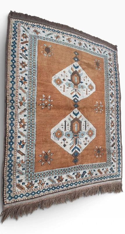 Vintage Wool Oriental Rug 162x129cm – Tribal Geometric Terracotta Blue — photograph 4