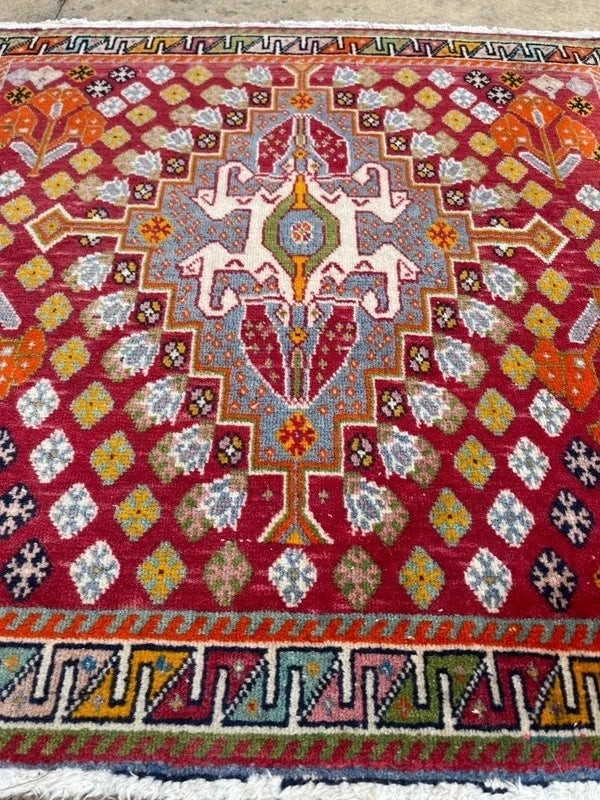 Vintage Hand-Knotted Oriental Wool Rug 65 x 65 cm – Colourful Geometric Medallion — photograph 17
