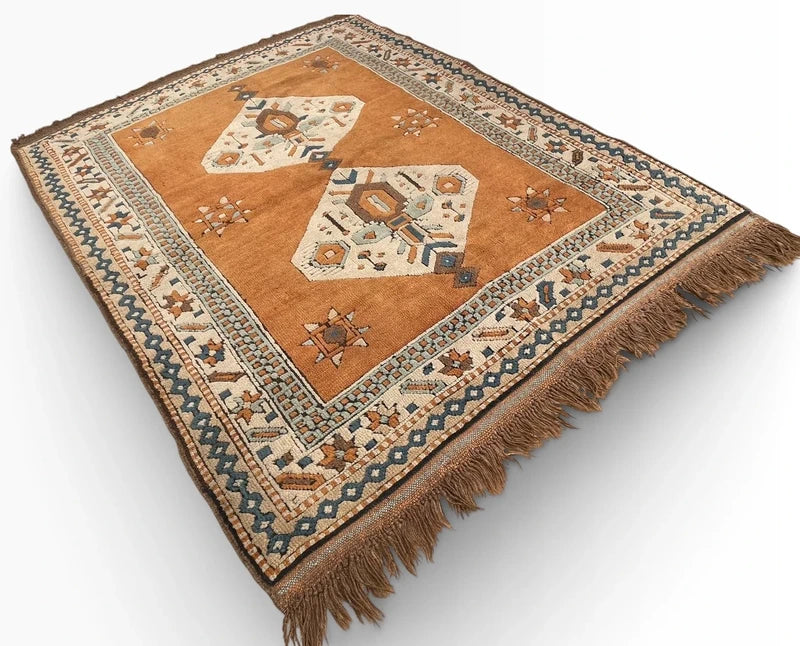 Vintage Wool Oriental Rug 162x129cm – Tribal Geometric Terracotta Blue — photograph 1