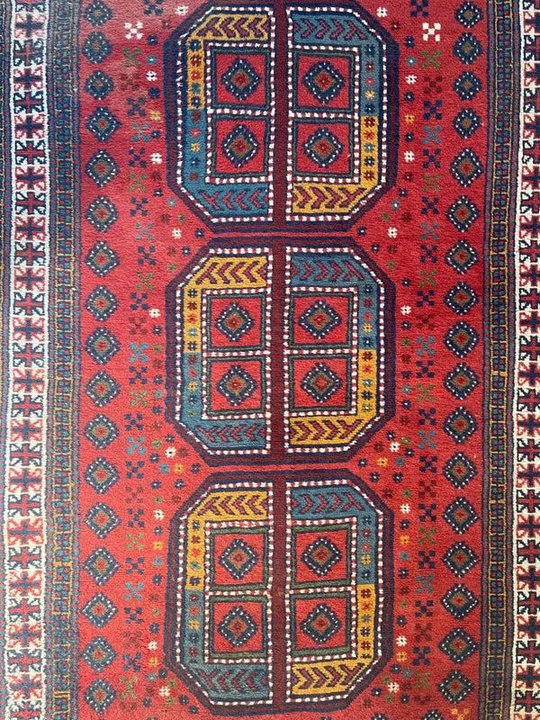 Vintage hand-knotted Afghan tribal rug 195x120 cm – red geometric wool carpet — photograph 6