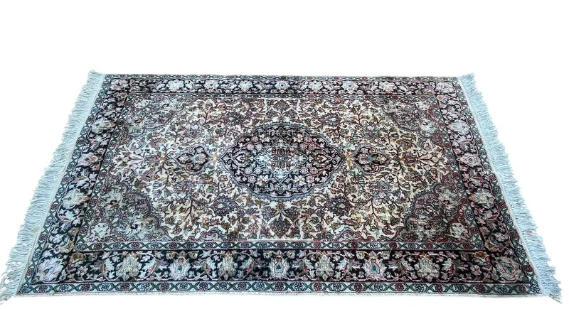 Fine Silk-Look Oriental Rug 89x165cm Cream Blue Medallion Carpet — photograph 5