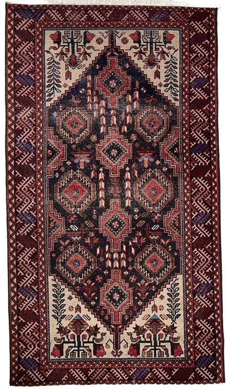 Vintage Persian Hand-Knotted Wool Rug 193x109cm – Navy & Red Tribal — photograph 1