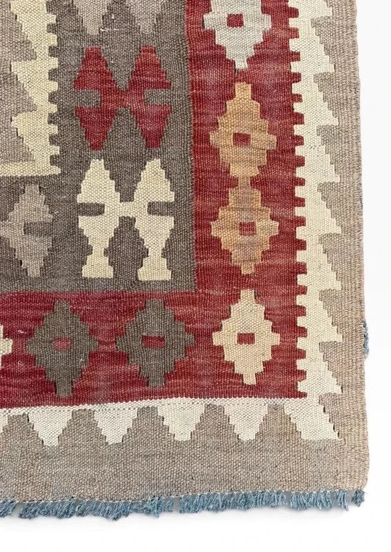 Large Traditional Handwoven Kilim Rug 189 x 284 cm Red Grey Geometric Wool Style — photograph 4