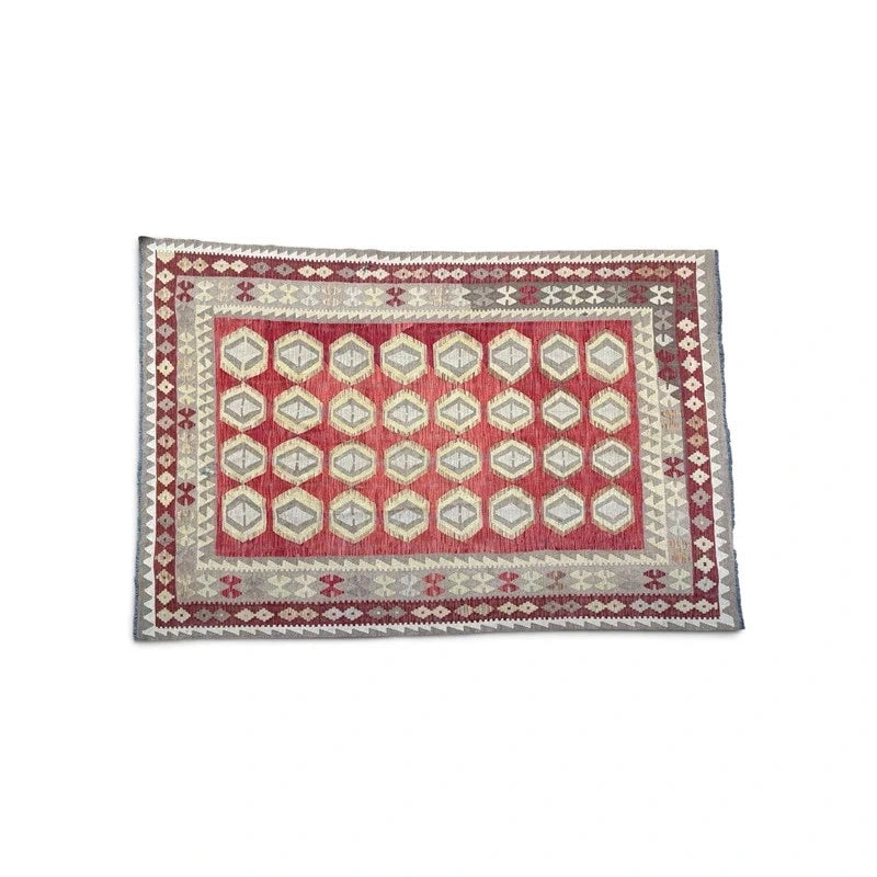 Large Traditional Handwoven Kilim Rug 189 x 284 cm Red Grey Geometric Wool Style — photograph 2