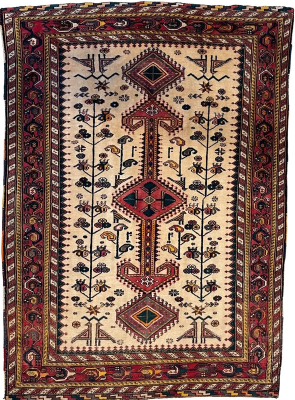 Hand-knotted wool tribal rug 148 x 100 cm – ivory & red geometric (Persian style) — photograph 2