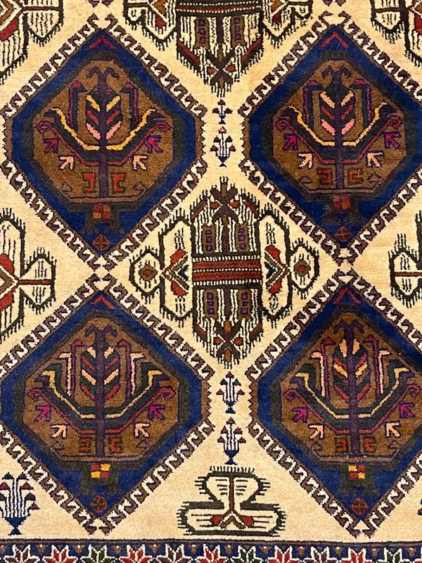 Persian Hand-Knotted Wool Rug 226x132cm – Blue & Cream Tribal — photograph 7