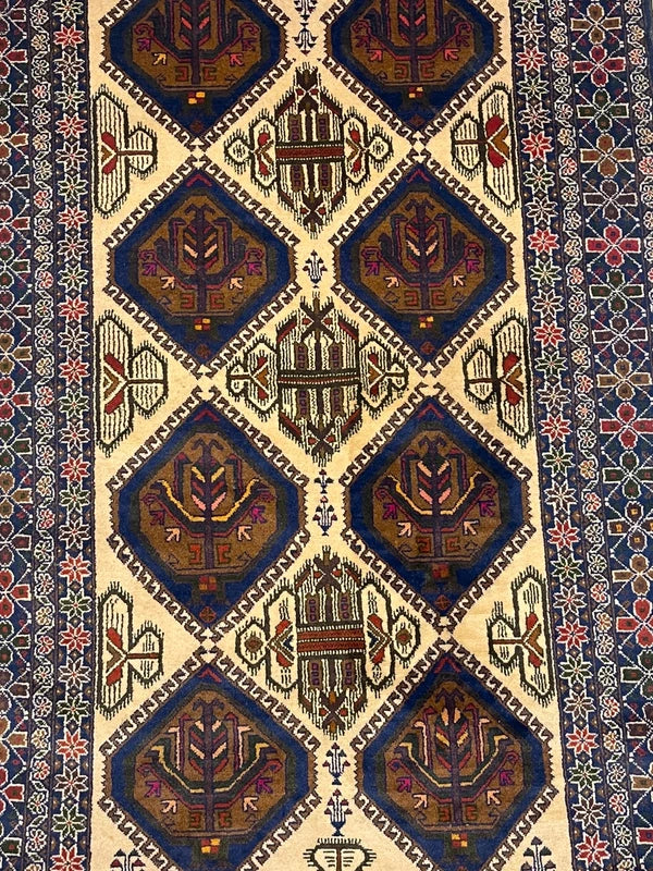 Persian Hand-Knotted Wool Rug 226x132cm – Blue & Cream Tribal — photograph 8