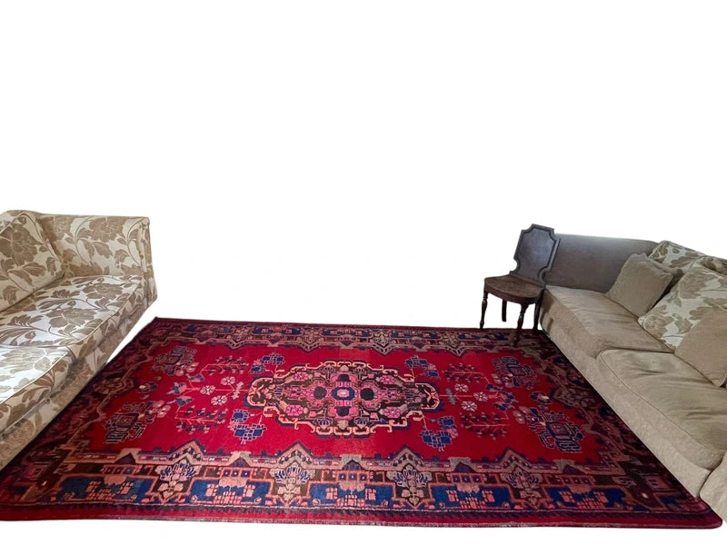 Large Handmade Persian Heriz Style Rug 303 x 159 cm Red Blue Wool Carpet — photograph 3