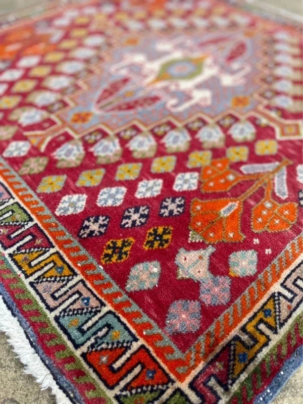Vintage Hand-Knotted Oriental Wool Rug 65 x 65 cm – Colourful Geometric Medallion — photograph 5