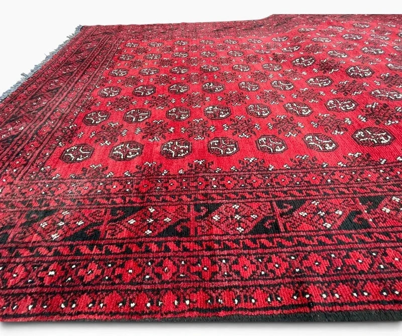 Large Vintage Afghan Hand-Knotted Wool Rug 277 x 195 cm – Red Bokhara — photograph 2