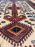 Hand-knotted wool tribal rug 148 x 100 cm – ivory & red geometric (Persian style) — photograph 1