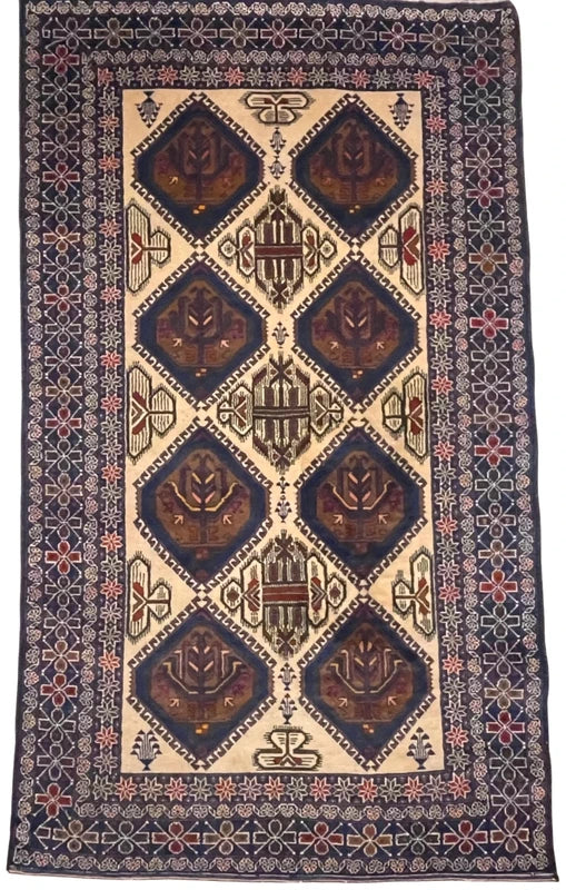 Persian Hand-Knotted Wool Rug 226x132cm – Blue & Cream Tribal — photograph 1