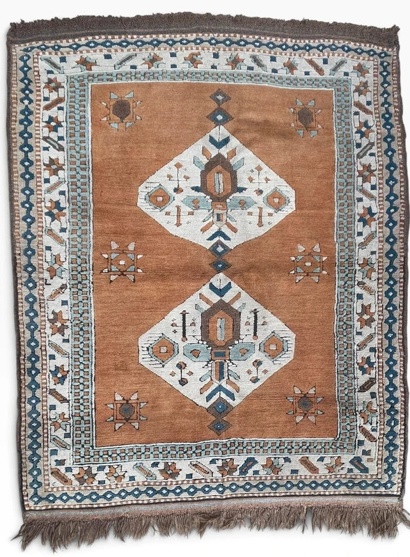 Vintage Wool Oriental Rug 162x129cm – Tribal Geometric Terracotta Blue — photograph 3