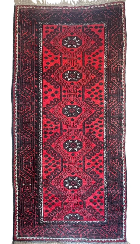 Vintage Afghan Hand Knotted Wool Rug 243x116cm Red Tribal Carpet — photograph 1