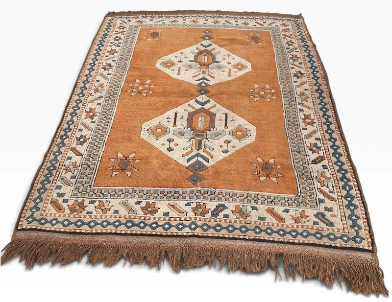 Vintage Wool Oriental Rug 162x129cm – Tribal Geometric Terracotta Blue — photograph 2