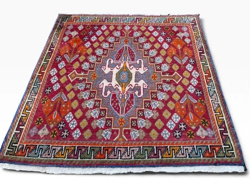 Vintage Hand-Knotted Oriental Wool Rug 65 x 65 cm – Colourful Geometric Medallion — photograph 1