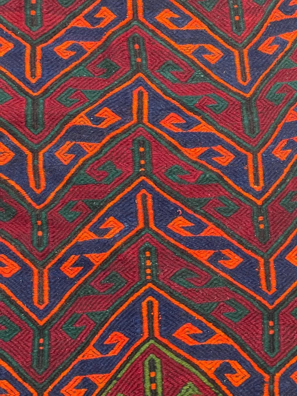 Handwoven kilim / soumak style rug – bold chevron – 155 × 133 cm – orange/blue/green — photograph 2