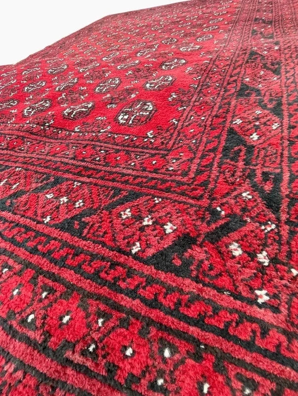 Large Vintage Afghan Hand-Knotted Wool Rug 277 x 195 cm – Red Bokhara — photograph 13