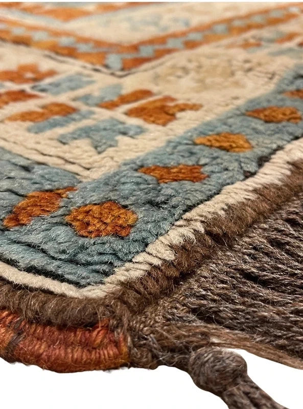 Hand-kontted Wool Kazak / Caucasian Style Rug – Rust & Blue – 202 × 138 cm — photograph 6