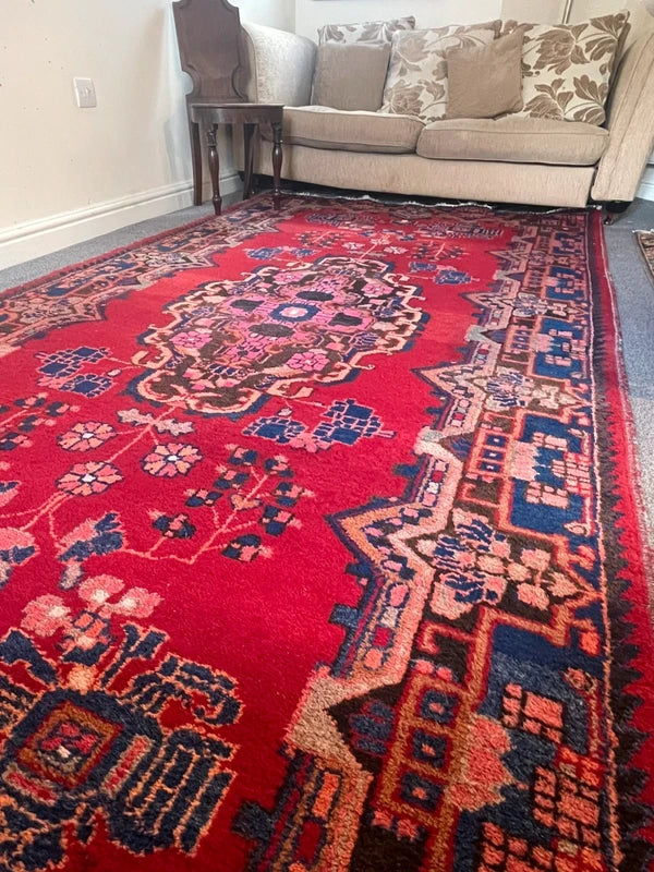 Large Handmade Persian Heriz Style Rug 303 x 159 cm Red Blue Wool Carpet — photograph 2