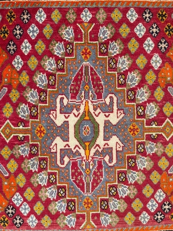 Vintage Hand-Knotted Oriental Wool Rug 65 x 65 cm – Colourful Geometric Medallion — photograph 2