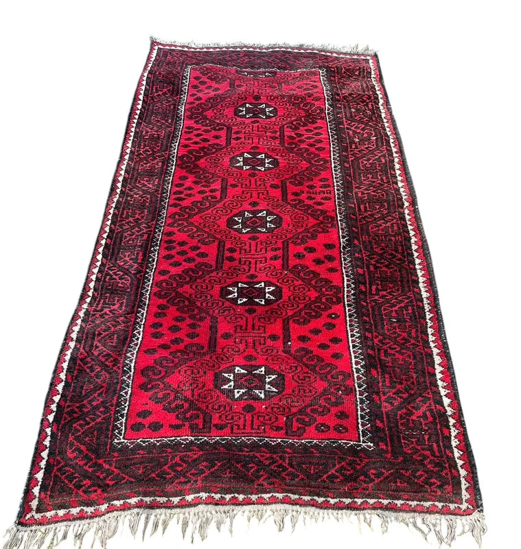 Vintage Afghan Hand Knotted Wool Rug 243x116cm Red Tribal Carpet — photograph 6