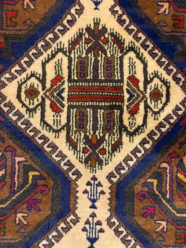 Persian Hand-Knotted Wool Rug 226x132cm – Blue & Cream Tribal — photograph 2