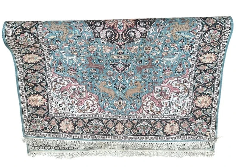 Hand-Knotted Silk Persian Style Rug – Hunting Design – 183 × 125 cm — photograph 11