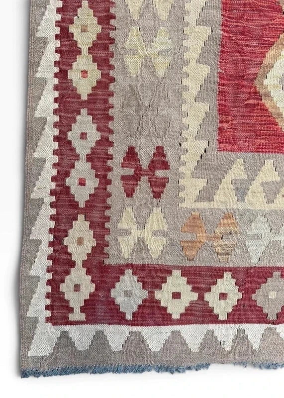 Large Traditional Handwoven Kilim Rug 189 x 284 cm Red Grey Geometric Wool Style — photograph 8