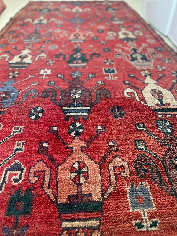 Old Persian Village Rug 242x107cm Handmade Red Tribal Carpet — photograph 12