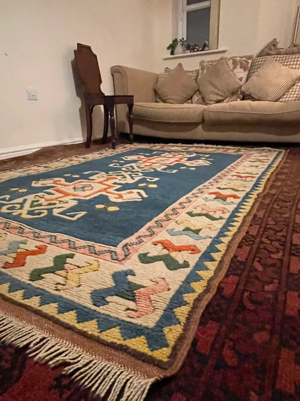 Handmade Turkish 100% wool rug 195x133cm – blue geometric – Ayasofya — photograph 4