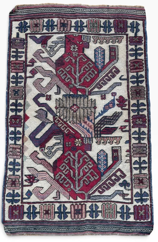 Vintage handwoven Soumak / Sumak tribal rug, approx. 129 × 81 cm — photograph 1
