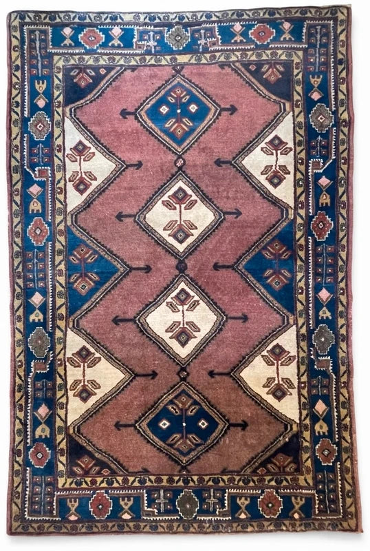 Vintage hand knotted wool tribal rug 227 x 150 cm Kazak Caucasian style — photograph 1