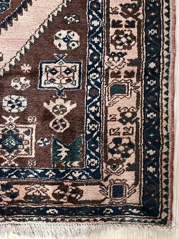 Vintage tribal Kazak-style rug – 200 x 144 cm – brown/ivory & navy — photograph 15