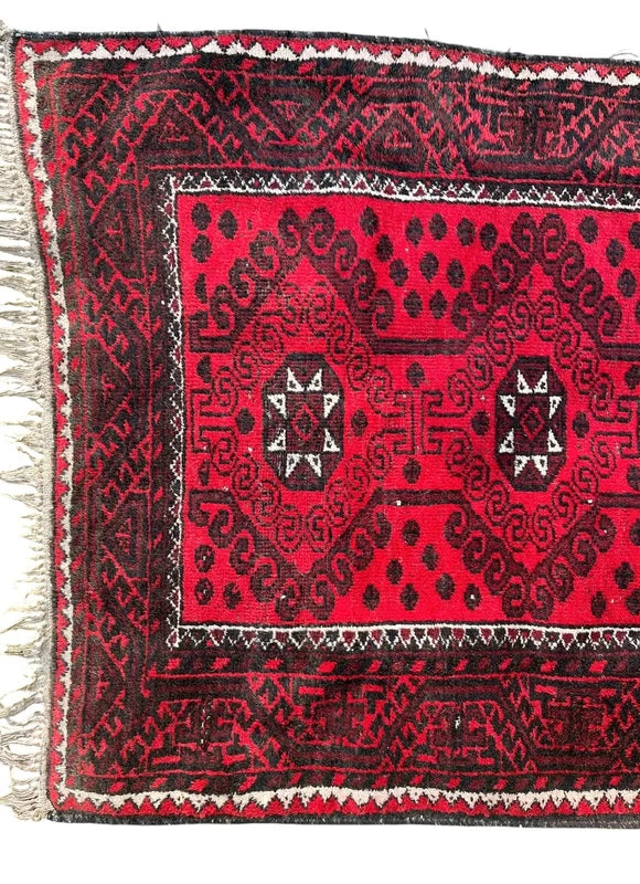 Vintage Afghan Hand Knotted Wool Rug 243x116cm Red Tribal Carpet — photograph 4