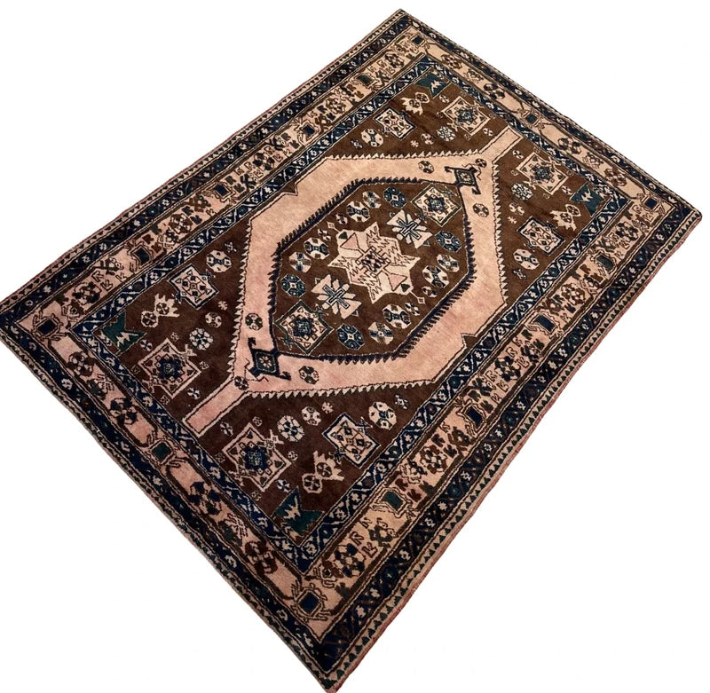 Vintage tribal Kazak-style rug – 200 x 144 cm – brown/ivory & navy — photograph 2