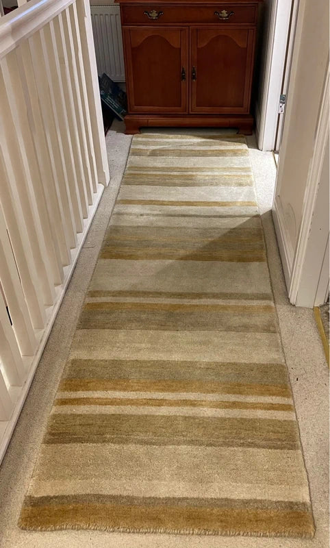 Luxury Hand Knotted Wool Runner Rug 240 × 70 cm | Beige Striped Handmade Wool Rug — photograph 4