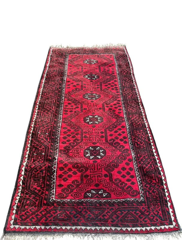 Vintage Afghan Hand Knotted Wool Rug 243x116cm Red Tribal Carpet — photograph 3