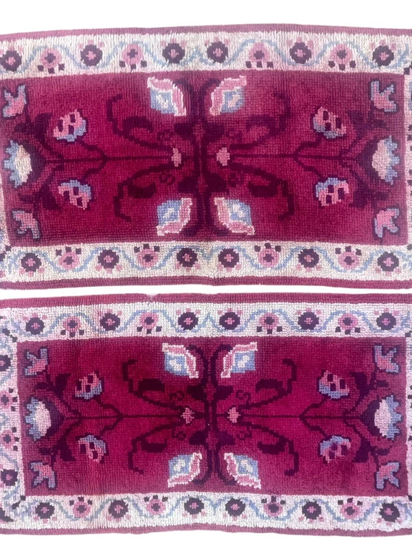 Set of 4 Vintage Handmade Wool Rugs – Matching Pink Burgundy Floral Rugs — photograph 6
