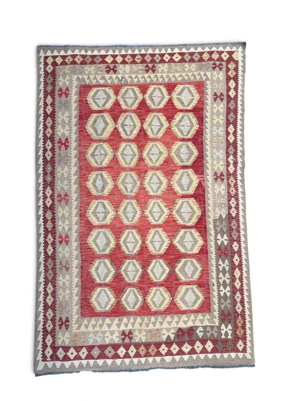 Large Traditional Handwoven Kilim Rug 189 x 284 cm Red Grey Geometric Wool Style — photograph 1