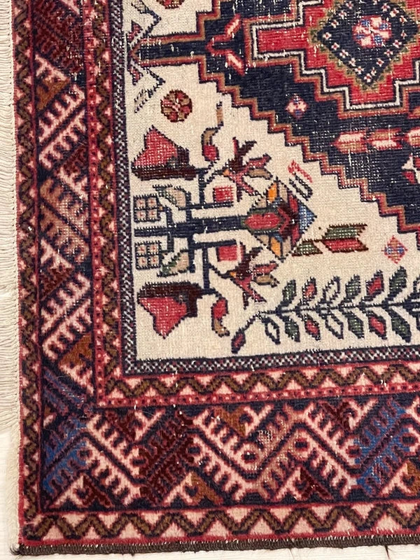Vintage Persian Hand-Knotted Wool Rug 193x109cm – Navy & Red Tribal — photograph 7